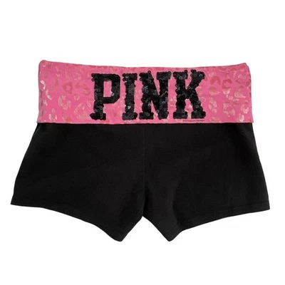 Victoria's Secret PINK Vs Foldover Shorts Y2K Bling Leopard Sequin Bubblegum Sml - Image 1 of 4