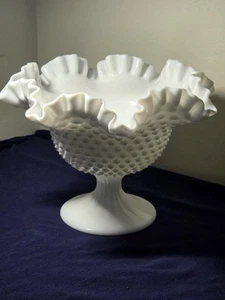 Vintage Fenton Hobnail Milk Glass Compote Pedestal Candy Dish with Ruffled Edges - Picture 1 of 6