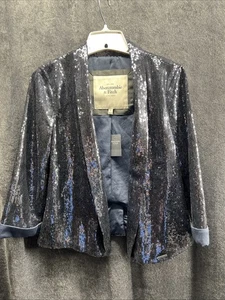 Abercrombie Fitch Open Flap Jacket Woman’s Sz Medium Grey Blue Sequins - Picture 1 of 7