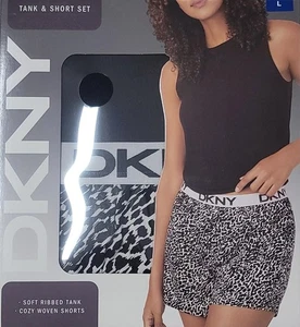 DKNY Canotta Donna 2 Pezzi E Accogliente Morbida Corta Set Colore Nero Stampa Animalier GRANDE - Foto 1 di 2