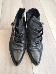 Black Leather, Silver Buckle Office Ankle Boots - Picture 1 of 6
