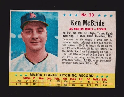 1963 POST CEREAL #33  Ken McBride  LA CALIFORNIA ANGELS  EX-MINT+   B - Image 1 of 2