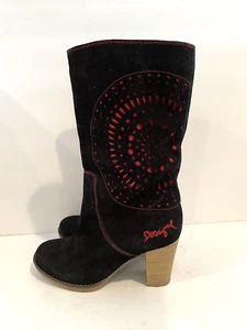 Desigual Black Suede Mid Calf Heeled Boots Women's size EU 37/US 6.5 - Picture 1 of 10