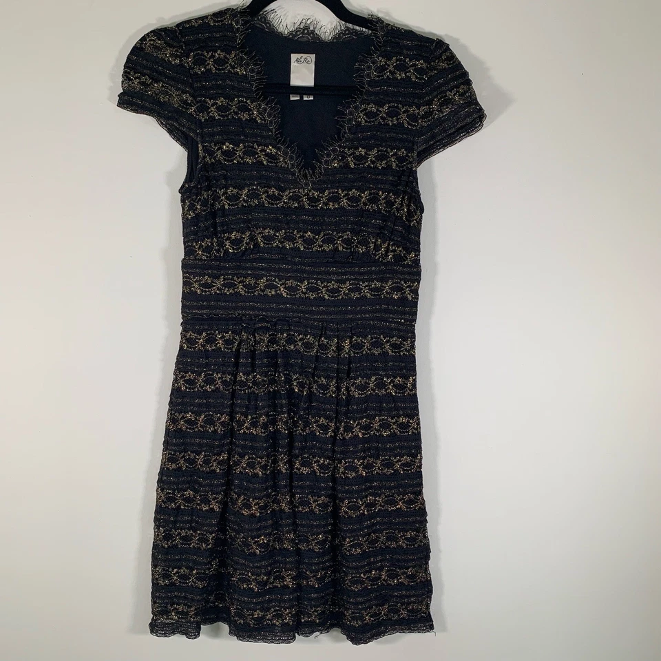 Ali Ra Dress Women’s 0 Black Metallic Gold Cap sleeves Fit + Flare Short Dress - Image 1 of 4