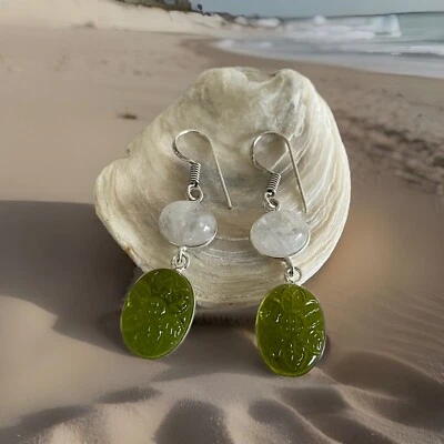 Pendientes Tallados Peridoto y Piedra Lunar Arco Iris - Plateado 925 - Nuevos Foto 1 de 3