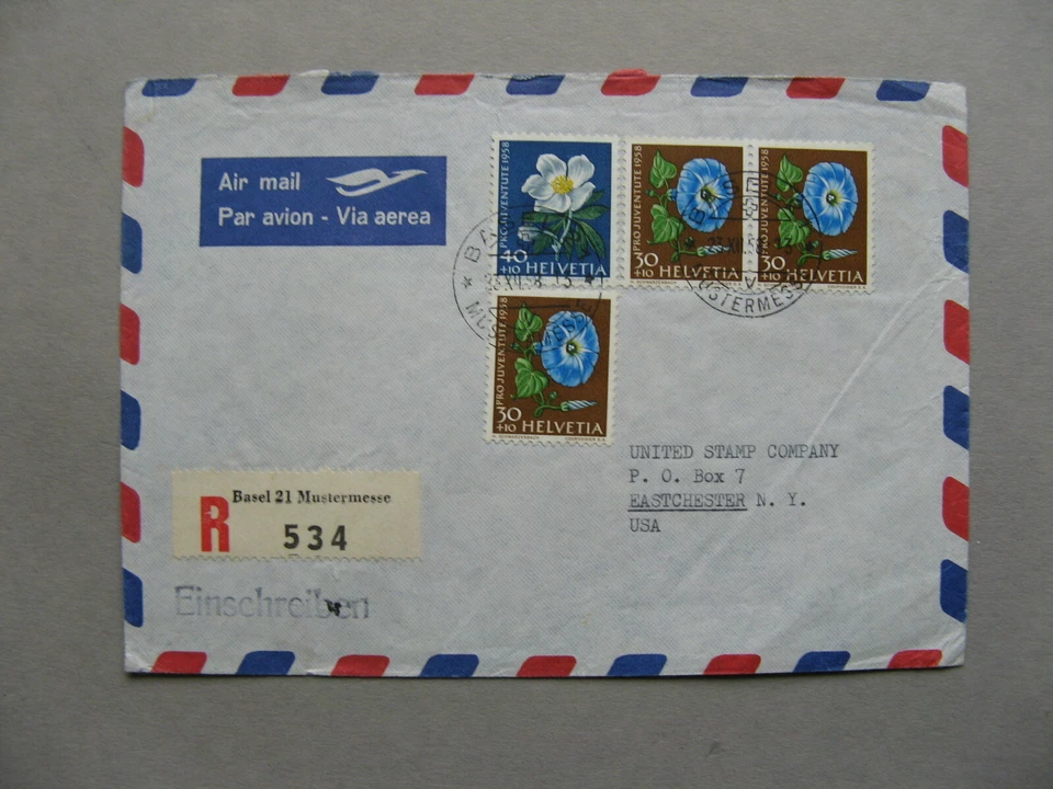 SUIZA, R-cubierta a EE. UU. 1958, franqueo mixto Pro Juventute flores Foto 1 de 1