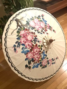 Vintage Chinese Japanese Cloth Parasol Umbrella Handmade Wood Frame - Picture 1 of 11