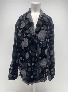 Chicos Blazer Jacket Button Down Polka Dot Velvet Boho Velour Black Size 3 XL - Picture 1 of 10