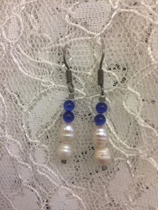 PENDIENTES vintage de plata esterlina ganchos perlas azules/agua dulce hechos a mano - Imagen 1 de 5
