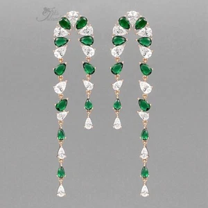 Dangle Tassel Earrings For Women Green Simulated Emerald Clear Zirconia Gold 7 - Picture 1 of 4