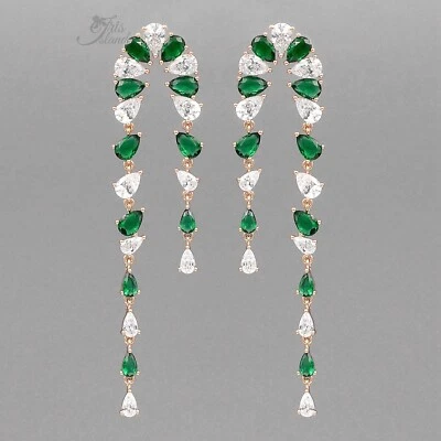 Dangle Tassel Earrings For Women Green Simulated Emerald Clear Zirconia Gold 7 - Image 1 of 4