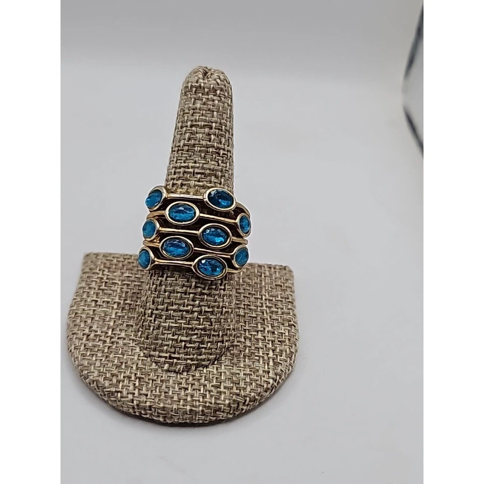 Ring Size  9 Gold  Tone  Blue plastic Stones - Image 1 of 4