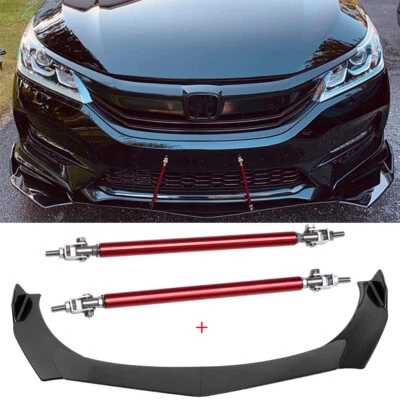 Alerón labial de parachoques delantero de fibra de carbono + varilla de puntal para Honda Civic Accord Foto 1 de 4