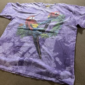 VINTAGE 90’S THE MOUNTAIN PARROT PURPLE TIE-DYE LEATHER TAG USA XL T-SHIRT - Picture 1 of 10