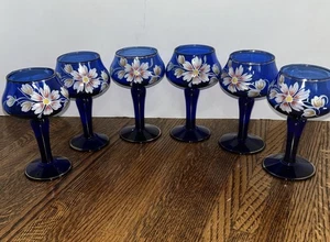 6 Bohemian Sherry Brandy Cordial Glasses Cobalt Blue Gold Floral hand painted - Picture 1 of 6