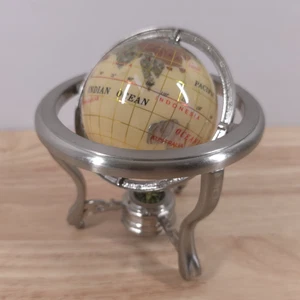 Intarsien Edelstein Tischplatte Weltkugel silberfarben drehbarer Ständer mit Kompass 6" - Bild 1 von 16