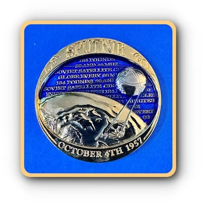 Geocoin Sputnik Satellite 50 Year Commemorative Polished Gold Unactivated - Image 1 of 2