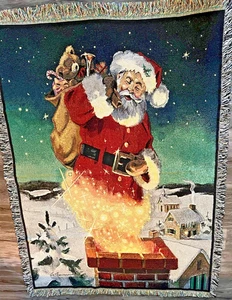 Vintage Santa Claus Christmas Throw Blanket Tapestry Wall Hanging Holiday 70x52 - Picture 1 of 9