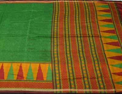 Tela de sari en zig-zag estampada 100 % seda pura sushila vintage verde chatarra Foto 1 de 4