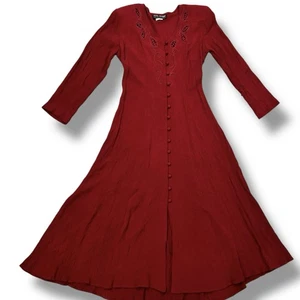 Vestido De Colección Años 80 Modo Ital Manga Larga Corsé Espalda Con Cordones Borgoña Talla Med- DEFECTUOSO - Imagen 1 de 14