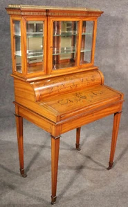 English Satinwood Adams Inlaid Secretary Desk Vitrine Top with Inkwells - Picture 1 of 12