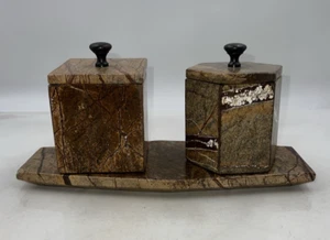 VTG Stone Canister Lidded Set Container Vanity Tray Hexagonal Brown Tan - Picture 1 of 17