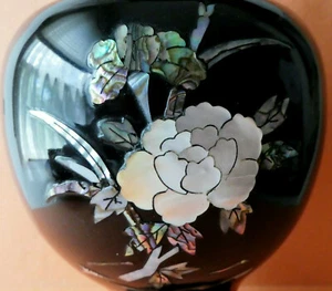 Asian Metal Black Enamel Vase Encrusted Mother- of- Pearl Flowers and Iridescen - Picture 1 of 12