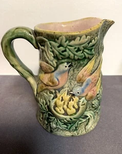 19th C. ANTIQUE ENGLISH MAJOLICA 5 Inch HIGH PITCHER BIRDS WITH NEST - Picture 1 of 9