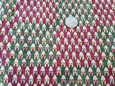 COTTON  FABRIC - "HOME SPUN CHRISTMAS" TAN HOUSES ON RED & GREEN SPECTRIX  BTY - Image 1 of 3