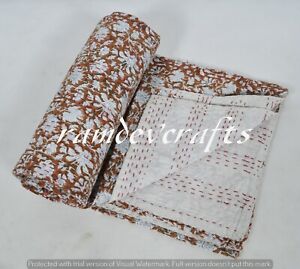 Indian Hand Block Print Kantha Bedding Bedspread Quilt Cotton Throw Blanket Twin