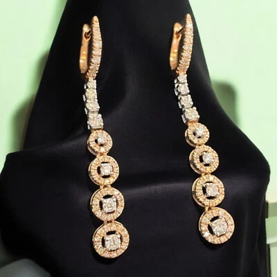 Real 1.77 TCW Round Brilliant Cut Natural Diamonds Dangle Earrings 14K Rose Gold - Image 1 of 4