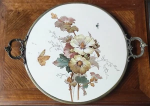 Ancien Plat à gâteau Plateau Céramique Décor Floral Papillon Polychrome - Bild 1 von 8
