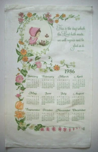 1986 Day the Lord made cute girl w bird's nest kitchen calendar towel - Imagen 1 de 2