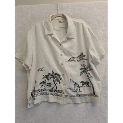 Blusa Top Koret Vintage Para Mujer Bordada Safari Mezcla Lino Talla XL Foto 1 de 4