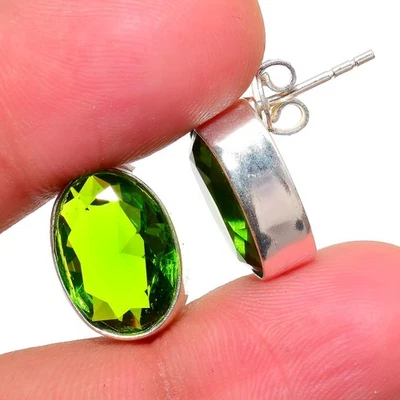 Green Peridot Gemstone Handmade 925 Sterling Silver Women Stud Earrings - Image 1 of 4