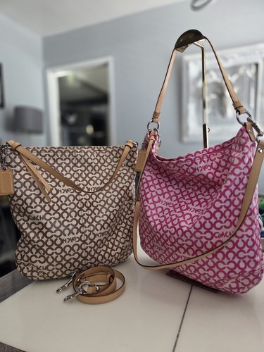 2 pezzi grandi borse tote in tela rivestite firmate COACH