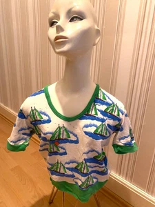 Vintage 70er T-Shirt Baumwolle weiß mit Segelbooten Regatta Sunset V-Ausschnitt - Bild 1 von 3