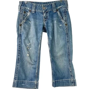 True Religion Women's Y2K Bermuda Blue Shorts Trashed Distressed Ripped Size 27 - Picture 1 of 10