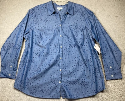 Croft & Barrow Top Women's Plus 2X Blue Chambray Button Up Floral Relaxed Casual - Image 1 of 4