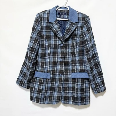 Denim & Co. Womens M Wool Blend Blazer Blue Plaid Button Long Sleeve - Image 1 of 4