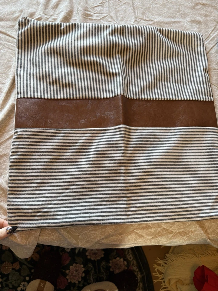 Set of 2 18” X 18” Throw Pillow Covers Ticking Striped Faux Brown Leather - Image 1 of 4