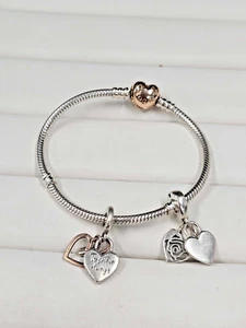 Pandora Pavé Heart Clasp Snake Chain Bracelet Silver & Rose Gold Plated - Picture 1 of 11