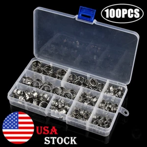 100Pcs Assorted Stainless Steel Hose Clamps Set Ear Cinch Rings Crimp Pinch Kit - Picture 1 of 12