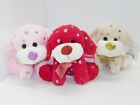 Valentines Puppy Dog Plush Shiny Set Of 3 Holiday Toy Hearts Red Pink Tan Gift