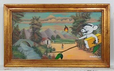 BANKSY ÓLEO SOBRE LIENZO (MICKEY MOUSE PYROMANIAC) CON MARCO EN HOJA DE ORO BONITO Foto 1 de 4