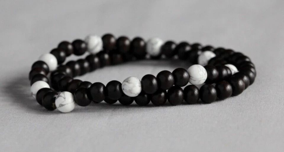 HOWLITE & TIGER EBONY WOOD GEMSTONE BRACELET SET ~ 7" ~ 18CM - Image 1 of 1