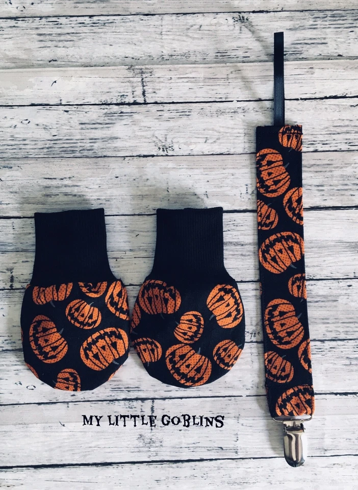 Spooky Cute Pumpkins Newborn Mitts Pacifier Clip New Handmade Halloween Vibes - Image 1 of 1