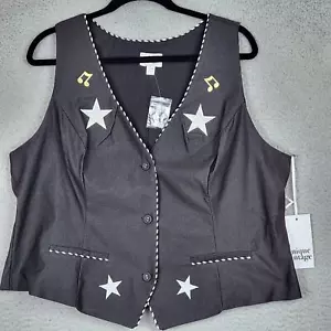 UNIQUE VINTAGE Vest Womens 2X Black Music Notes Stars Pockets V-Neck NWT - Picture 1 of 14