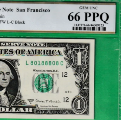 $1  BINARY LUCKY Serial # 80188808  Federal Reserve note Fr. 3005-L PCGS 66 PPQ - Image 1 of 3