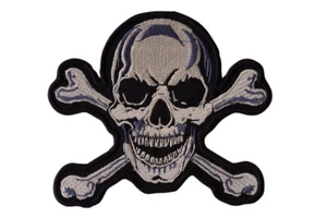 Schädel und Kreuzknochen Skelett Aufbügeln Motorrad Biker Weste Aufnäher 5x4 Zoll P1 - Bild 1 von 1